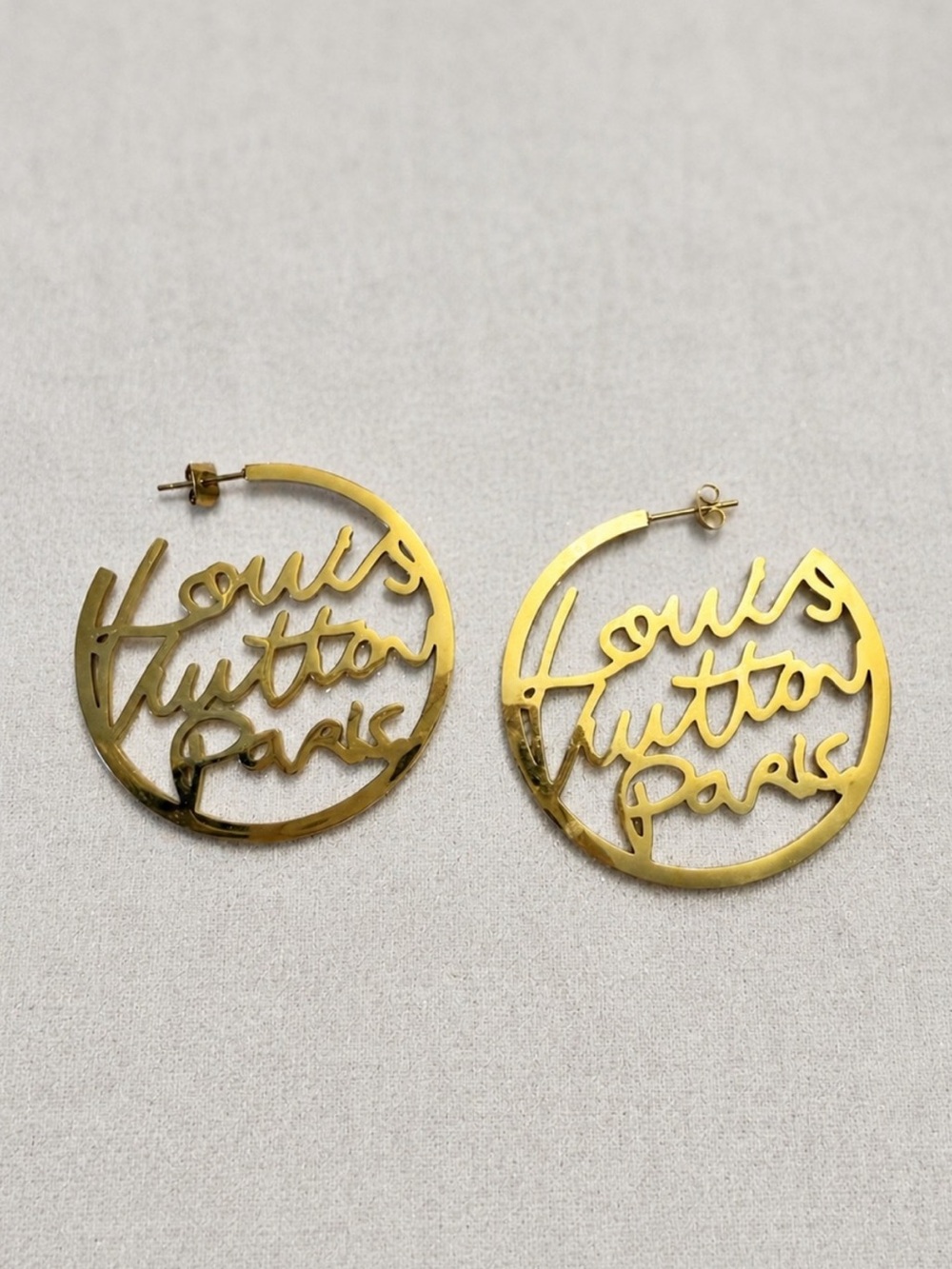 LV Gold Script Circle Drop Earrings